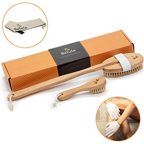 Premium Dry Brushing Set [Boar Bristle Brush, Exfoliating Face Brush, Bath Gloves] with Free Bag & How-To Guide – Glowing Skin & Healthy Body Gift.