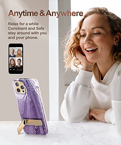 GViewin iPhone 12 Pro Max Case with 3-Way Stand, Marble Slim Glossy Shockproof Protective Hard Cover (Frosted Dew/Purple)