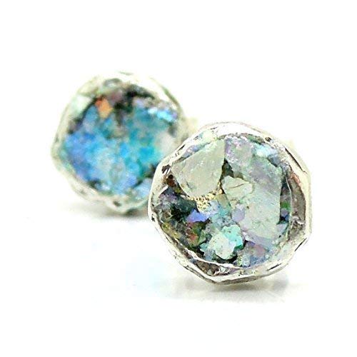 Round Silver Post Earrings with Ancient Roman Glass (Silver)