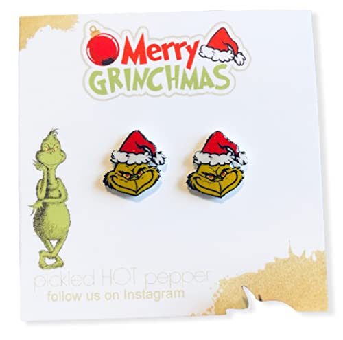 Dr. Seuss Christmas Earrings, (Grinch Movie Edition) with Santa Hat