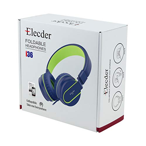 Elecder i36 Kids Headphones for Girls and Boys, Foldable and Adjustable On Ear Headphones with 3.5mm Jack for Smartphones, Computers, Kindle, MP3/4 and Tablets (Blue/Green)