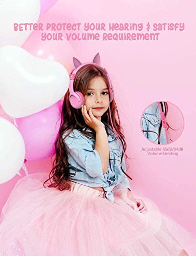 iClever HS01 Kids Headphones with Microphone (Food Grade Safe, Volume Limited 85/94dB), Cat Ear Pink, Wired for Learning/School/Travel/Tablet