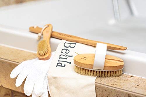 Premium Dry Brushing Set [Boar Bristle Brush, Exfoliating Face Brush, Bath Gloves] with Free Bag & How-To Guide – Glowing Skin & Healthy Body Gift.