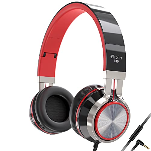Elecder i39 Headphones with Microphone, Foldable Lightweight, Adjustable On-Ear Headsets with 3.5mm Jack for Cellphones, Computers, MP3/4, Kindle, School (Red/Black)