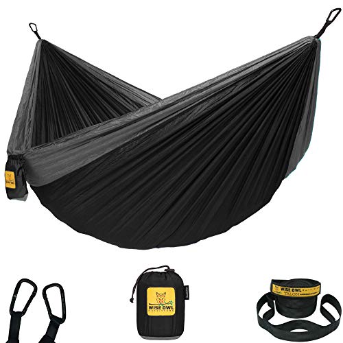 Wise Owl Outfitters Single and Double Hammocks for Camping or Travel - Lightweight & Portable Nylon (DO Black & Grey)