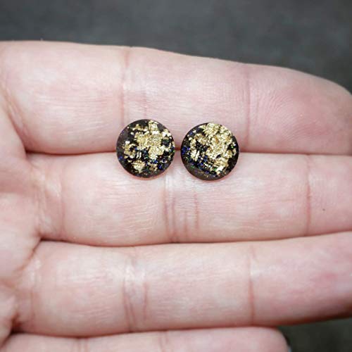 Black Gold Flake Stud Earrings [Hypoallergenic Posts] with Titanium Posts