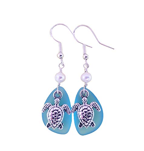 Handmade "Twin Turtles" Turquoise Bay Blue Sea Glass Earrings with Freshwater Pearls (December Birthstone). Gift Wrapped in Hawaii with Customizable Message.