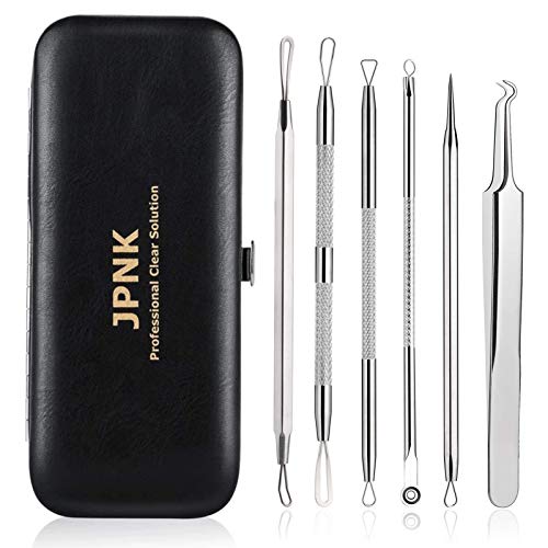 JPNK 6-Piece Comedones Extractor Acne Removal Kit (Blackhead Remover) for Popping Blemish, Whitehead, and Zit Removing on Nose and Face, Includes Leather Bag (Silver)