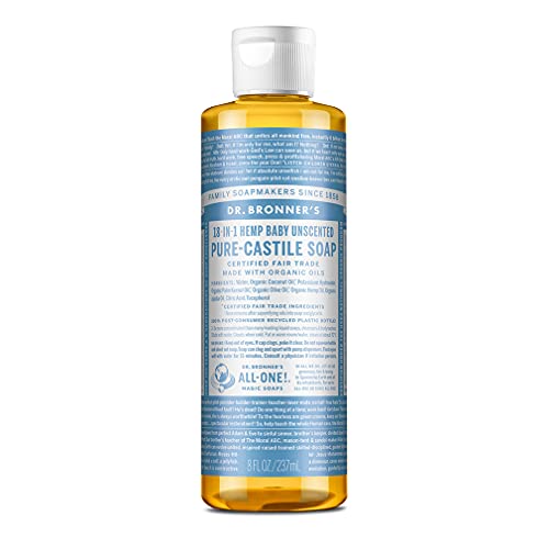 Dr. Bronners Baby Unscented Pure-Castile Liquid Soap (8 oz), Made with Organic Oils, 18-in-1 Uses for Face, Hair, Laundry, Dishes, Sensitive Skin, Babies, No Fragrance, Vegan, Non-GMO
