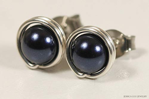 Sterling Silver Navy Blue Pearl Wire-Wrapped Stud Earrings (Night Nacre)