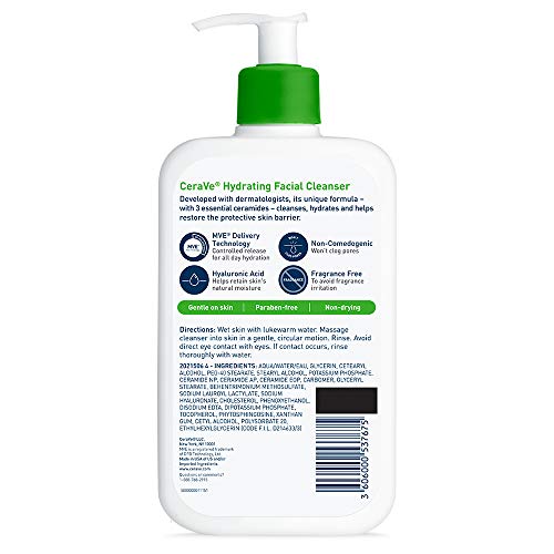 CeraVe Hydrating Face Cleanser (16 oz) with Hyaluronic Acid, Ceramides and Glycerin.