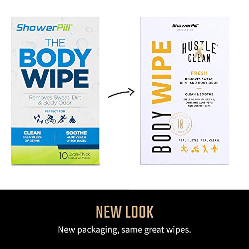 Hustle Clean ShowerPill Post-Workout & Camping Bathing Body Wipes (10 individually wrapped wipes)