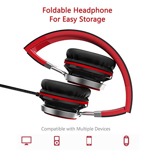 Elecder i39 Headphones with Microphone, Foldable Lightweight, Adjustable On-Ear Headsets with 3.5mm Jack for Cellphones, Computers, MP3/4, Kindle, School (Red/Black)