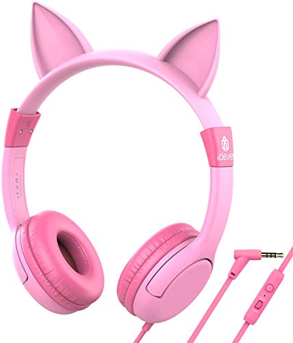 iClever HS01 Kids Headphones with Microphone (Food Grade Safe, Volume Limited 85/94dB), Cat Ear Pink, Wired for Learning/School/Travel/Tablet