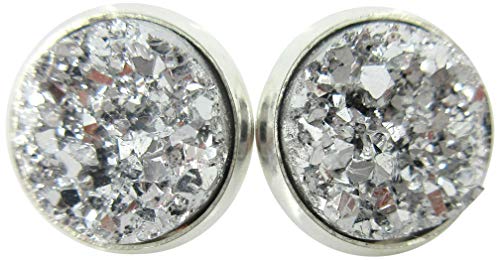 Silver Tone Metallic Faux Druzy Stone 12mm Stud Earrings (Silver)