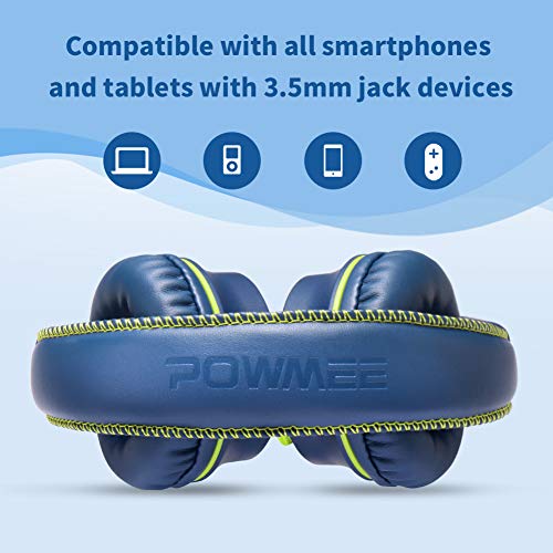POWMEE M2 Kids Wired Foldable Stereo Headphones with Adjustable Headband, 3.5mm Jack, Tangle-Free Cord (Blue)