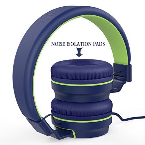 Elecder i36 Kids Headphones for Girls and Boys, Foldable and Adjustable On Ear Headphones with 3.5mm Jack for Smartphones, Computers, Kindle, MP3/4 and Tablets (Blue/Green)