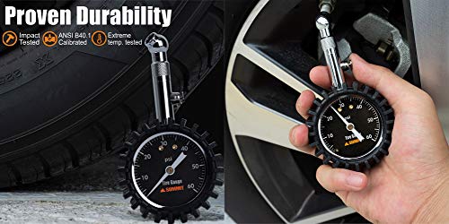 Summit Tools Tire Pressure Gauge with Glow Dial (0-60 PSI, Hold Valve, Pressure Bleeding Button, Rubber Head Cover) Automobile Accessory