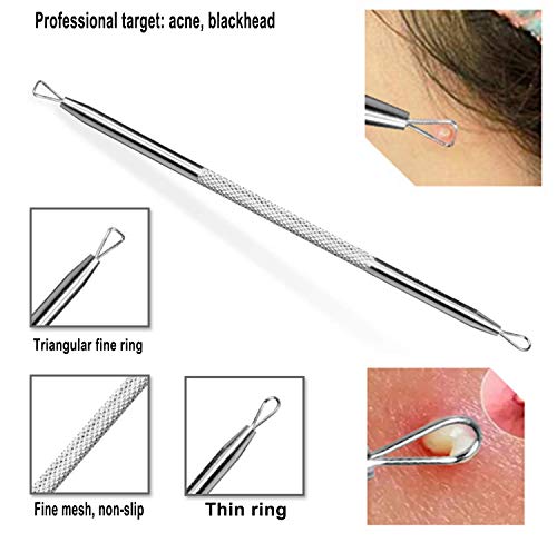 JPNK 6-Piece Comedones Extractor Acne Removal Kit (Blackhead Remover) for Popping Blemish, Whitehead, and Zit Removing on Nose and Face, Includes Leather Bag (Silver)