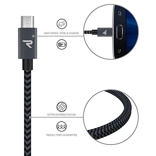Rampow 2-Pack 3.3ft Braided Nylon Micro USB Cables (QC 3.0 Fast Charging & Sync) for Samsung Galaxy S7/S6 and Edge, Note 6/5, Sony, Kindle, PS4 and Android Devices - Space Grey
