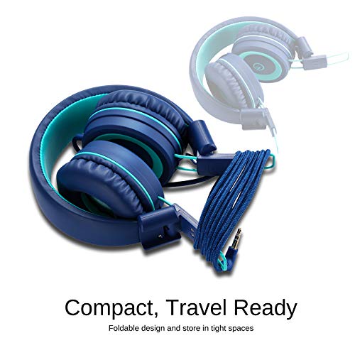 Noot Products K11 Kids Headphones, 3.5mm Jack Wired Cord On-Ear Headset, Foldable & Tangle-Free (Navy/Teal)