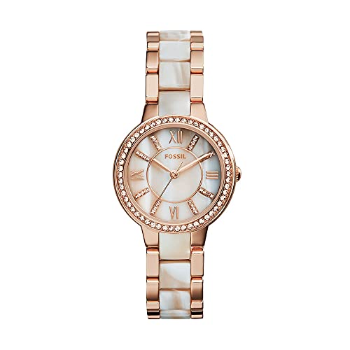 Fossil Women's Virginia ES3716 Quartz Three-Hand Watch with Stainless Steel and Acetate, Rose Gold/White Horn