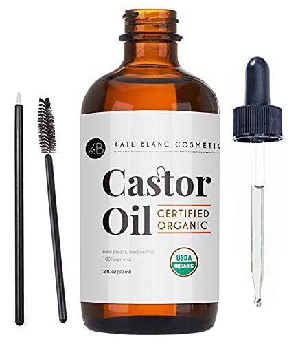 Kate Blanc USDA Certified Organic Castor Oil (2oz), 100% Pure, Cold Pressed, Hexane-Free. Stimulates Growth of Eyelashes, Eyebrows & Hair. Moisturizes Skin & Cleanses with Starter Kit