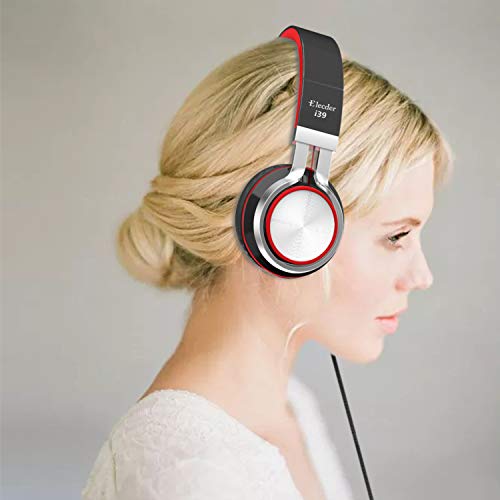 Elecder i39 Headphones with Microphone, Foldable Lightweight, Adjustable On-Ear Headsets with 3.5mm Jack for Cellphones, Computers, MP3/4, Kindle, School (Red/Black)