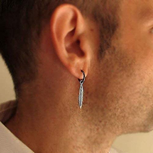 Feather Drop Dangle Earrings (Black Hoops) for Men - Gothic Jewelry