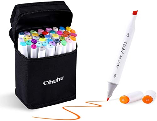 Ohuhu Alcohol Markers (40 Colors + 1 Blender + Case), Double-Tipped Art Markers for Kids & Adults, Chisel & Fine Tips, Ohuhu Oahu Series