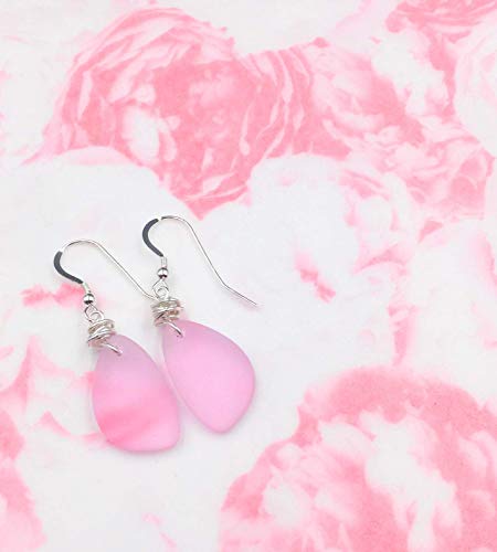 Aimee Tresor Jewelry Earrings: Pink Blush Sea Glass w/ Handmade Silver Knot on Sterling Silver Hooks (Gift)