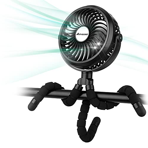 Battery Operated Stroller Fan [Flexible Tripod Clip On, 3 Speeds, Rotatable] - Handheld Personal Fan for Car Seat, Crib, Bike, Treadmill [Black]