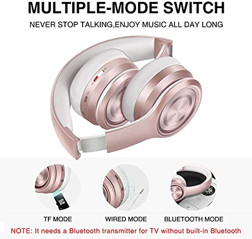 Picun P26 Bluetooth Headphones, Over Ear (Rose Gold) Up to 80H Playtime, Hi-Fi Stereo, Deep Bass, Wireless or Wired, Supports TF/Bluetooth 5.0, with Built-in Mic for Phone/TV, for Women.