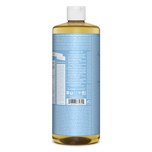 Dr. Bronners Baby Unscented Pure-Castile Liquid Soap (32 Oz.), Organic Oils, 18 Uses: Face, Hair, Laundry, Dishes, Sensitive Skin, Babies, No Fragrance, Vegan, Non-GMO