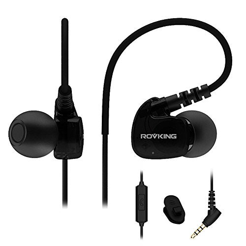 ROVKING Sport Wired Headphones for Running, Gym, Workouts, and Exercise (Over Ear, Noise Isolating Earhook Earbuds, Mic, Black, Model XF-122)