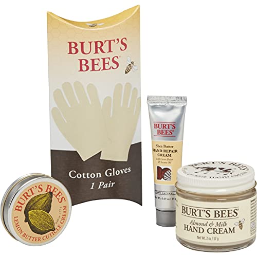 Burt's Bees Gift Set with Gloves [3 Hand Repair Products] - Almond Milk Hand Cream, Lemon Butter Cuticle Cream & Shea Butter Cream