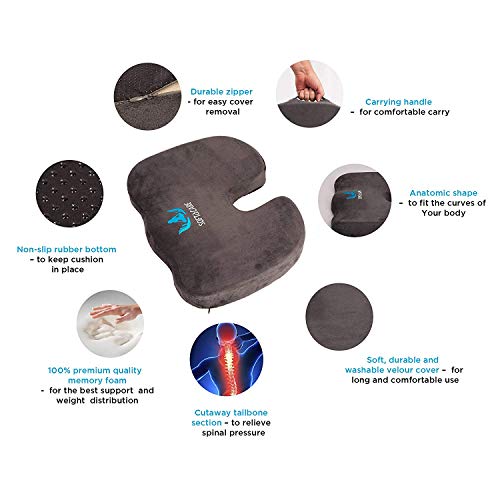 SOFTaCARE Dark Grey Seat Cushion [Set of 2] - Memory Foam Coccyx Orthopedic and Lumbar Support Pillow (2 Count)