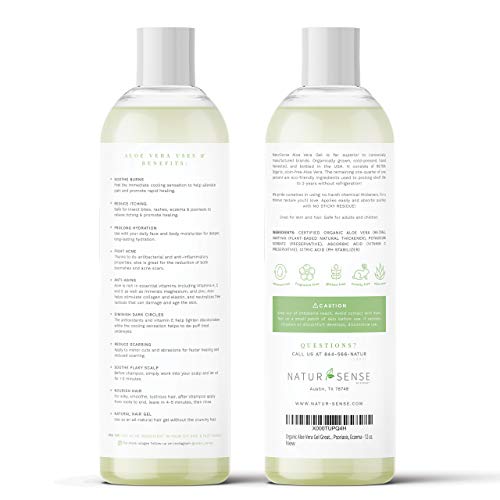 NTRSNS Organic Aloe Vera Gel (12 oz), by NaturSense - Hydrate Skin & Hair, Relieve Sunburn, Acne, Razor Bumps, Psoriasis, Eczema.