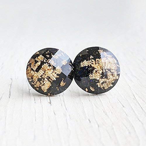 Black Gold Flake Stud Earrings [Hypoallergenic Posts] with Titanium Posts