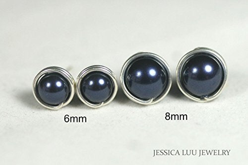 Sterling Silver Navy Blue Pearl Wire-Wrapped Stud Earrings (Night Nacre)