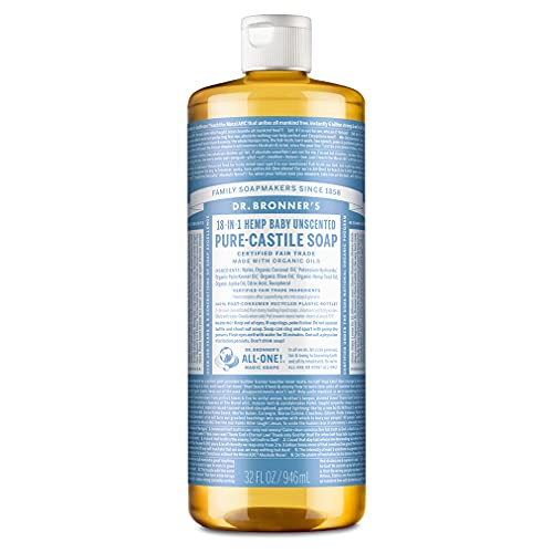 Dr. Bronners Baby Unscented Pure-Castile Liquid Soap (32 Oz.), Organic Oils, 18 Uses: Face, Hair, Laundry, Dishes, Sensitive Skin, Babies, No Fragrance, Vegan, Non-GMO