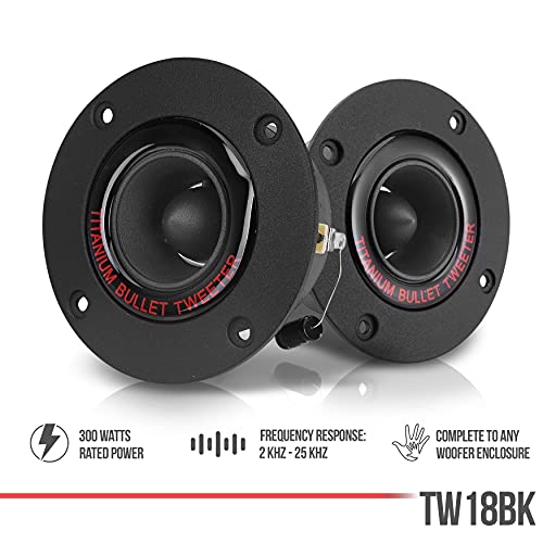 Pyramid TW18BK 1" Car Tweeter Speaker System with 3.25" Bullet Horn and Aluminum Die-Cast Titanium Dome, 300W Peak, 2kHz-25kHz Frequency Response, 4-8 Ohm, 20oz Heavy Duty Magnet Structure (1 Pair)