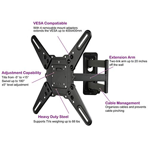 VideoSecu ML531BE2 TV Wall Mount Kit with Free Magnetic Stud Finder and HDMI Cable (Include) for Most 26-55" and New LED TVs up to 60" VESA 400x400 Full Motion with 20" Articulating Arm.