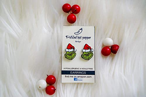 Dr. Seuss Christmas Earrings, (Grinch Movie Edition) with Santa Hat