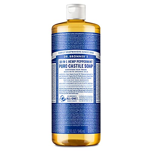 Dr. Bronner's Pure-Castile Liquid Soap Peppermint (32 oz) - Organic Oils, 18 Uses: Face, Body, Hair, Laundry, Pets, Dishes, Concentrated, Vegan, Non-GMO
