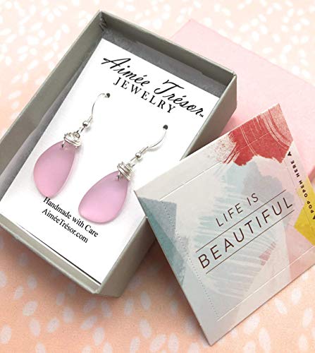 Aimee Tresor Jewelry Earrings: Pink Blush Sea Glass w/ Handmade Silver Knot on Sterling Silver Hooks (Gift)