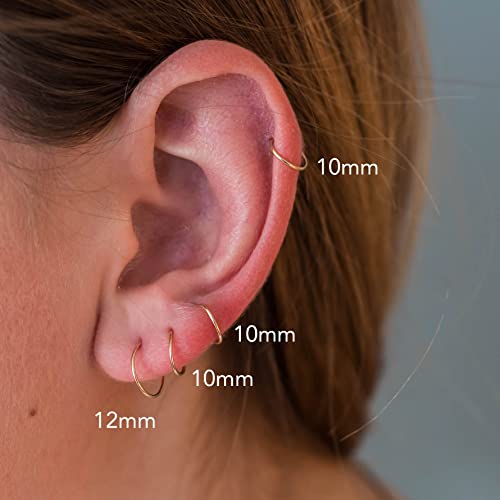 Sterling Silver 10mm Mini Thin Hoop Earrings (24 Gauge, Hypoallergenic, Solid 925). Perfect for Sensitive Ears.