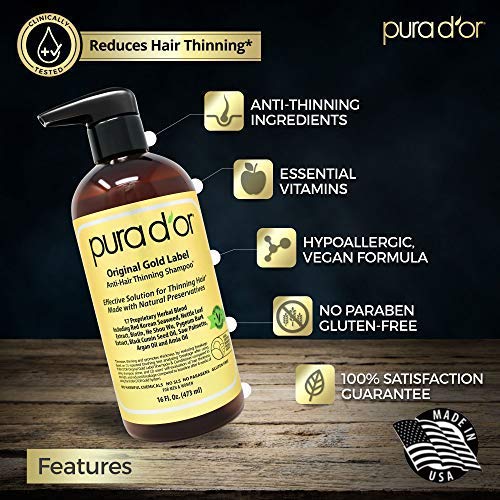 PURA D'OR Gold Label Biotin Anti-Thinning Shampoo (16oz) with Argan Oil, Nettle Extract, Saw Palmetto, Red Seaweed, 17+ DHT Herbal Actives, No Sulfates, Natural Preservatives for Men & Women