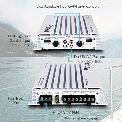 Pyle PLMRA400 Elite Series 400W 4-Channel Marine Amplifier (Black) with Waterproof Design, Dual Mosfet Power Supply, Gain Level Controls, and RCA Stereo Input & LED Indicator