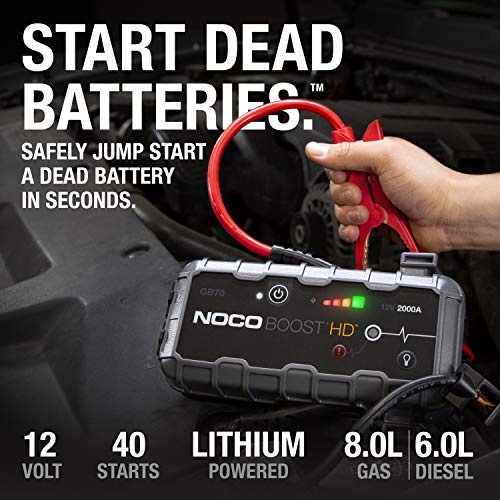 NOCO Boost HD GB70 2000A 12V UltraSafe Lithium Jump Starter Box w/ Jumper Cables (For Up To 8L Gasoline & 6L Diesel Engines)